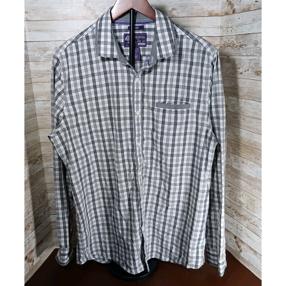American Rag Men's Black and White Button Up Long Sleeve Shirt Size L Slim Fit